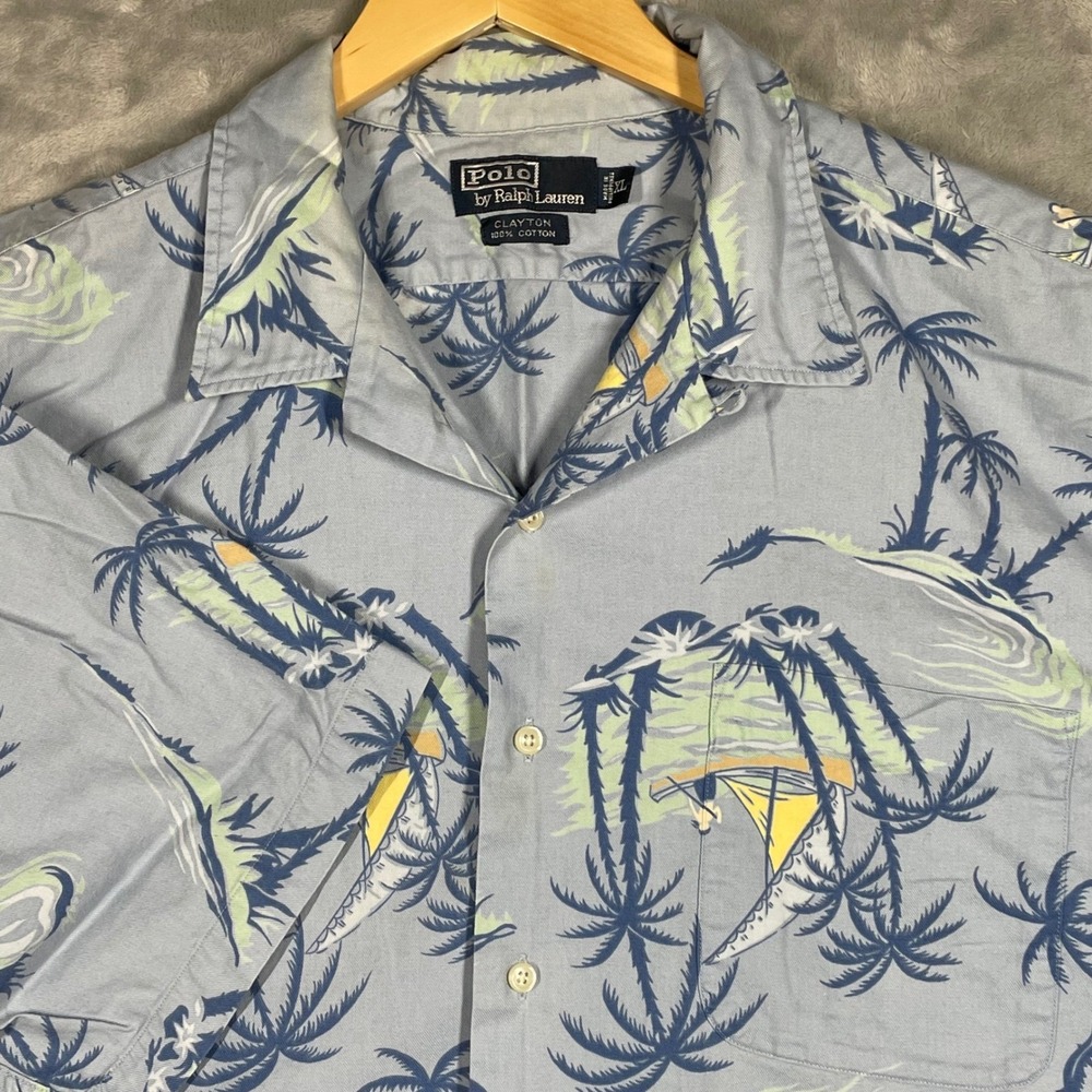 Vintage Polo Ralph Lauren Clayton Mens XL Blue Tropical Palm Tree Sailboat Shirt